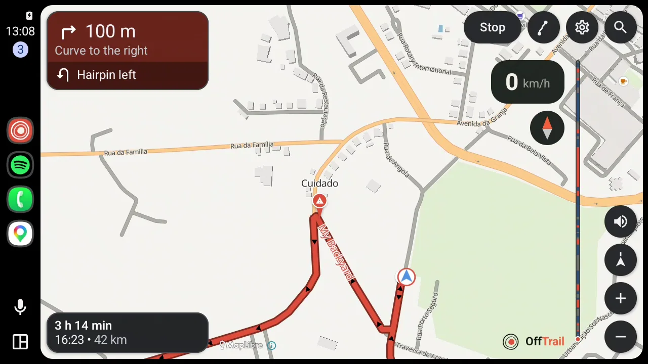 OffTrail navigating a Track on Android Auto, with a turn card and the surface rail
