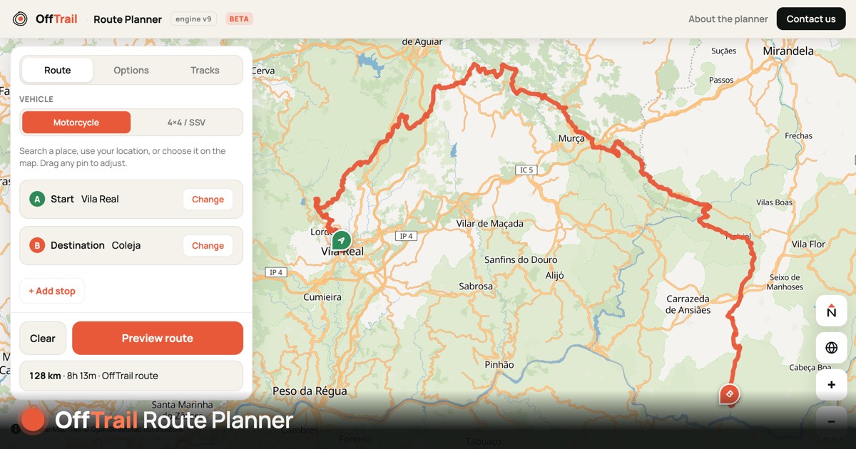 The OffTrail Route Planner with a planned route over the OffTrail map