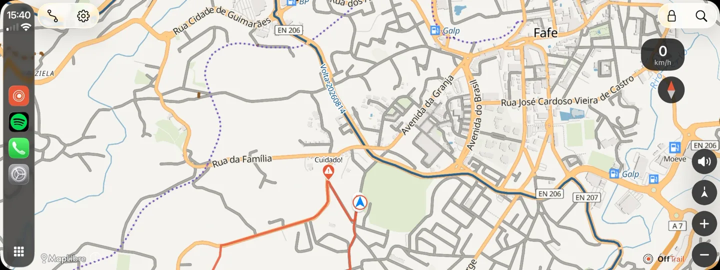 OffTrail on a CarPlay screen: the off-road map with a loaded Track, the rider's position, speed and map controls