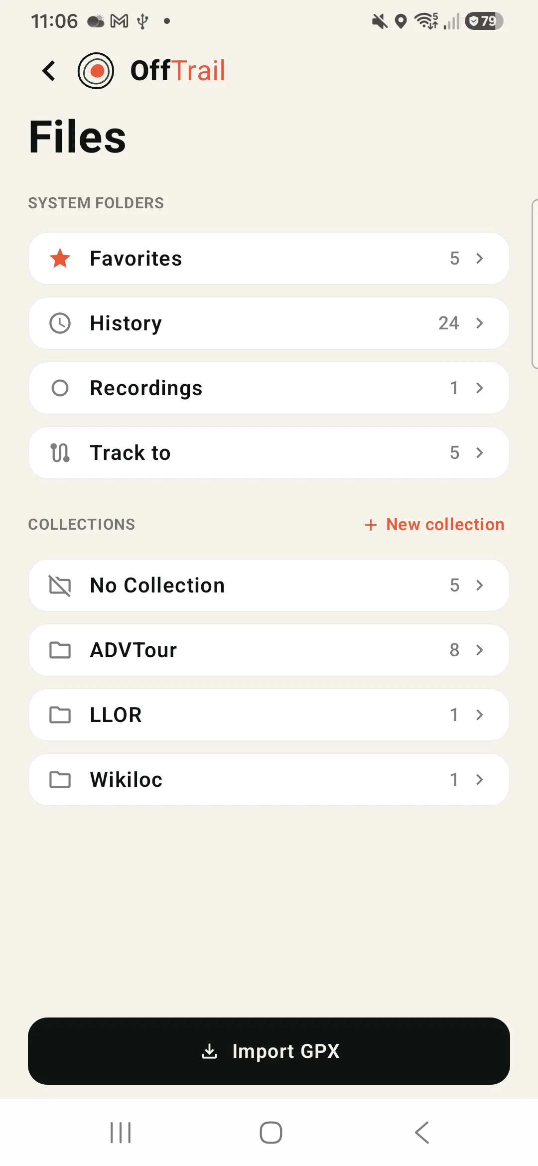 OffTrail's Files screen with collections, one of them named Wikiloc