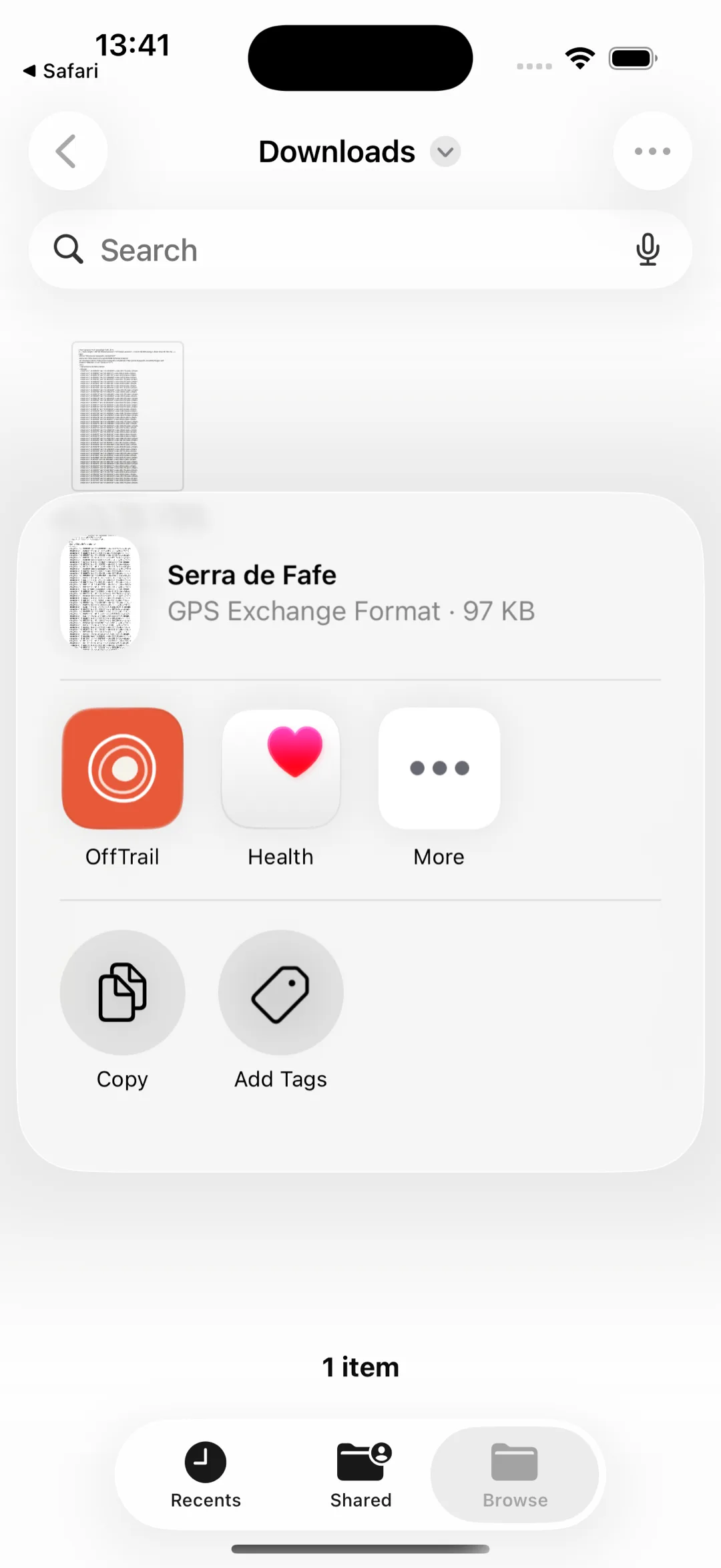 The iOS share sheet for a GPX file, with OffTrail first in the row of apps
