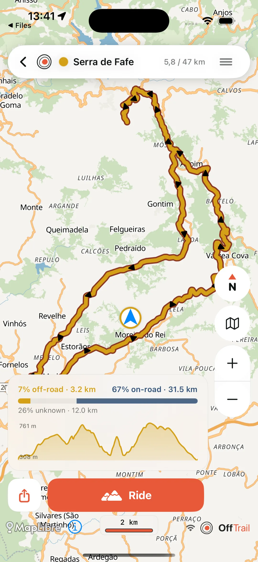An imported Track drawn on the OffTrail map on iPhone, with direction arrows and its elevation profile