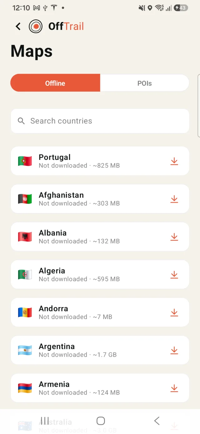OffTrail's Maps screen listing countries available for offline download with their sizes