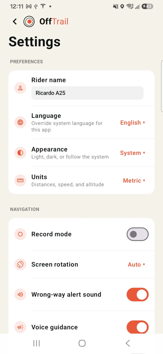 Settings screen