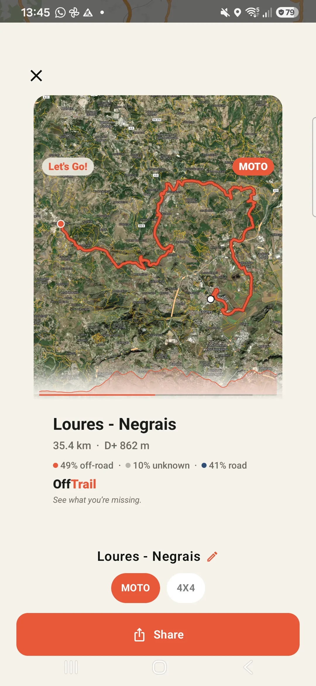 The share card with stamp, vehicle badge and surface percentages