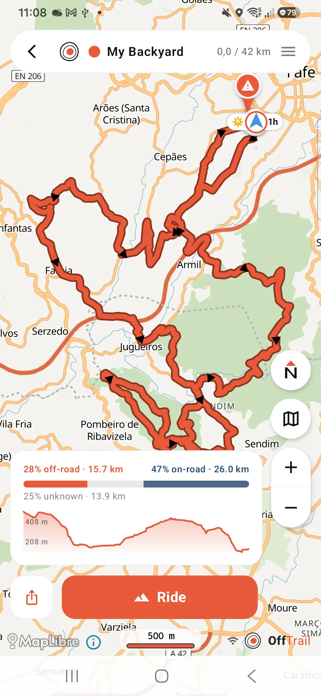 A loaded Track in OffTrail showing the off-road and on-road split, the elevation profile and the Ride button
